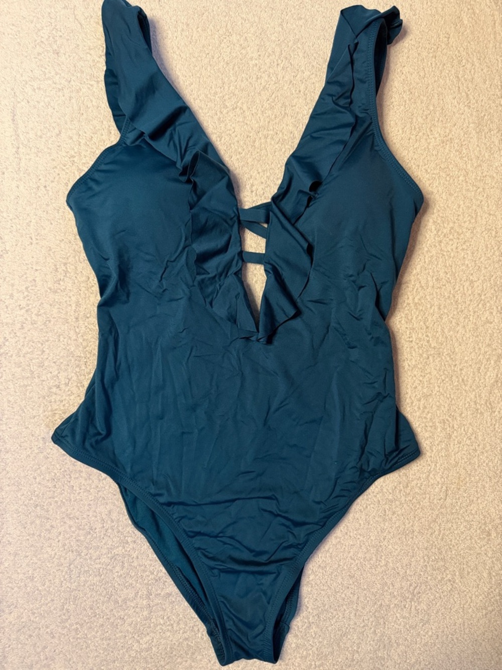 Shade & Shore Teal Ruffle Plunge Swimsuit Lattice Criss-Cross Strappy Beach